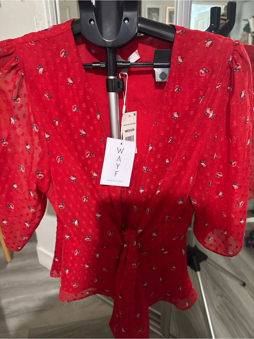 Wayf Red Floral Tie-Front Blouse with Puff Sleeves